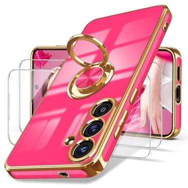 Imagem de Dretal Capa para Galaxy S25 FE 5G, protetor de tela, suporte magnético giratório de 360°, borda dourada banhada a ouro, capa protetora fina de TPU macio para Galaxy S25 FE 5G (rosa vermelha)