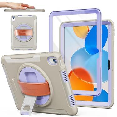 Imagem de Capa robusta original para iPad 11 (A16) 11 polegadas (2025) e 10ª geração 11 polegadas (2022) | Suporte giratório de 360°, alça de mão de couro genuíno, protetor de tela integrado (cinza roxo)