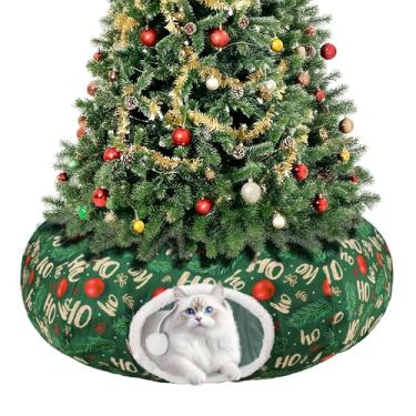 Imagem de Cama de túnel de donut para gatos sob a árvore de Natal, tubo dobrável para gatos com almofada e bola de brinquedo, parquinho de brinquedo para gatinhos e filhotes pequenos (verde)