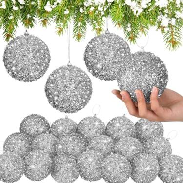 Imagem de Lyrow Conjunto de 24 peças de enfeite de bola de Natal com glitter de 8 cm bola de Natal a granel de espuma de lantejoulas de Natal enfeite decorativo pendurado para decoração de festa na árvore
