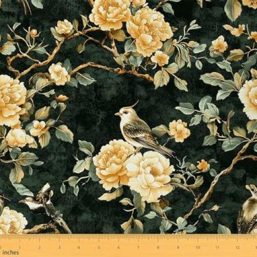 Imagem de Erosebridal Bird Fabric by The Yard Yellow Peony Tecido Impermeável Exterior Ramos Folhas Arbusto Pétalas Tecido Estofado Jardim Animal Natural DIY Decoração Artística, 5 metros