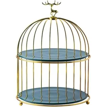 Imagem de Suporte para bolos em forma de gaiola de pássaros para sobremesas de FLaig, para mesa de sobremesas, de metal dourado, com bandeja de cerâmica e tampa de alce para celebrações, decorações para casa