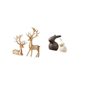 Imagem de Fenteer Conjunto de Esculturas Colecionáveis ​​de Renas Europeias E Cerâmica para Amantes de Veados E Coelhos, Decoração Perfeita para Armários de Jardim E Pá