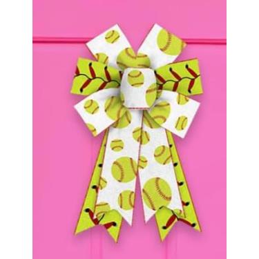 Imagem de 2 peças de laços de softbol para grinaldas, laços de guirlanda branco amarelo, laços esportivos para porta da frente, decoração esportiva de beisebol, estopa de softbol para decoração interna e