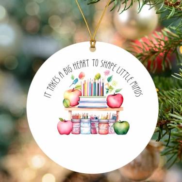 Imagem de Enfeites de Natal, enfeites de árvore, enfeites de pendurar para 1 peça de acrílico redondo It Takes A Big Heart to Shape Little Minds Apple Books Pencil Pencil Outdoor Indoor Home Decor