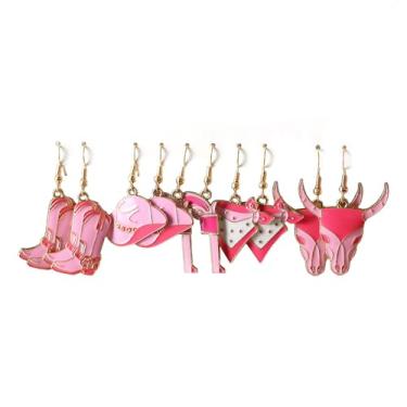 Imagem de 5 pares vintage estilo étnico ocidental rosa chapéu de cowboy botas de cowboy cabeça de touro brincos femininos boêmios retrô presentes para ela