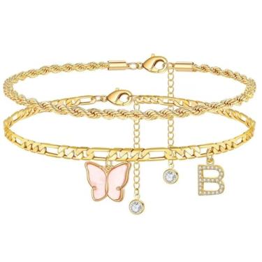 Imagem de Tornozeleira banhada a ouro com strass rosa borboleta inicial para mulheres, delicada corrente de elos ajustáveis, presente de joias para festivais de verão., Medium, Latão, Sem Pedra Preciosa