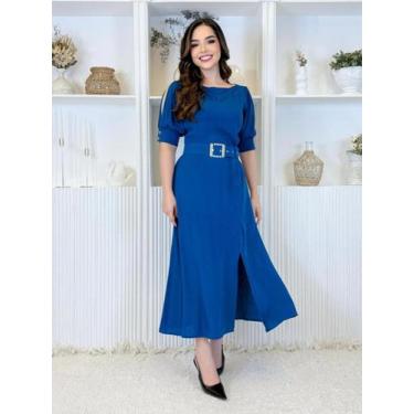 Imagem de Vestido Midi com Fenda e Cinto Moda Evangélico Festa Elegante - Fashio