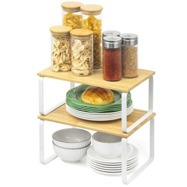 Imagem de JMLHMXC Rack de armazenamento de armário, prateleira de bancada de cozinha de 2 peças, rack de armazenamento de cozinha, suporte de especiarias, empilhável, expansível - pernas brancas