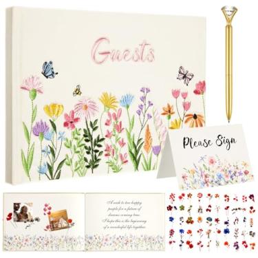 Imagem de Ctosree Livro de visitas de casamento tecido bordado flores silvestres, capa dura, livro de visitas recepção de casamento com canetas para chá de panela, funeral, noivados 21 x 15 cm