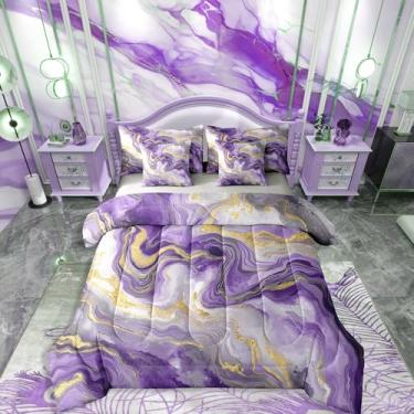 Imagem de Conjunto de edredom queen de veia de mármore com lençóis, roxo gradiente, tie dye, 7 peças, minimalista, arte fluida de tinta, conjunto de cama com design abstrato de textura de mármore, efeito de