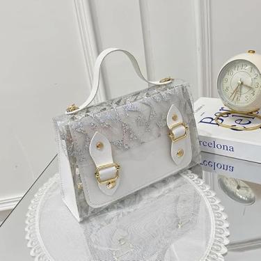 Imagem de Bolsa transversal transparente brilhante para mulheres – Bolsa quadrada pequena com alça de corrente com fivelas duplas, Branco, Medium, Mochila casual