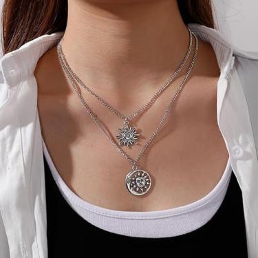 Imagem de Colar de sol e lua, corrente de camada dupla, para mulheres, design retrô, one size, Plástico Resina, Sem Pedra Preciosa
