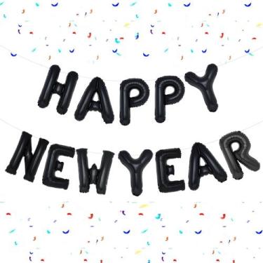 Imagem de Balões de festa PIGETALE pretos Feliz Ano Novo 40cm com banner