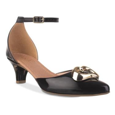 Imagem de Scarpin Feminino Salto Fino Baixo Sapato Bico Fino Enfeite Metal Doura