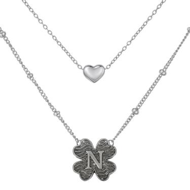 Imagem de MANZHEN Colar feminino com coração e trevo em camadas, inicial A-Z, design decorativo de elos de corrente, joias antigas, 18 Inches, Metal, Sem Pedra Preciosa
