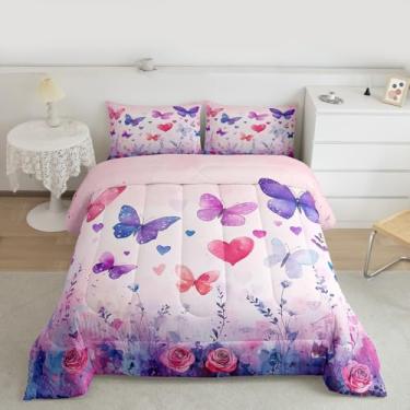 Imagem de Feelyou Conjunto de edredom infantil com estampa de borboletas, estampa de borboletas, para crianças, meninos, meninas, quarto, amor, coração, microfibra, ultramacia e respirável