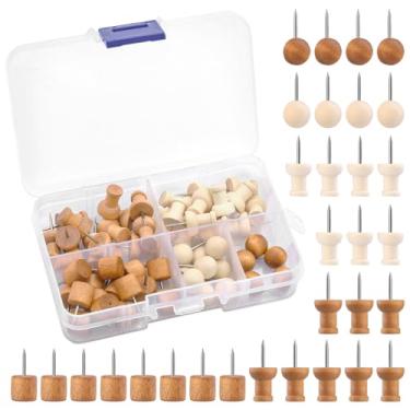 Imagem de 60 pinos de madeira, 2 cores e 5 tipos de tachas decorativas para polegar, pinos de cabeça de madeira, pinos de marcação, tachinhas de madeira decorativas para quadros de avisos, projetos de
