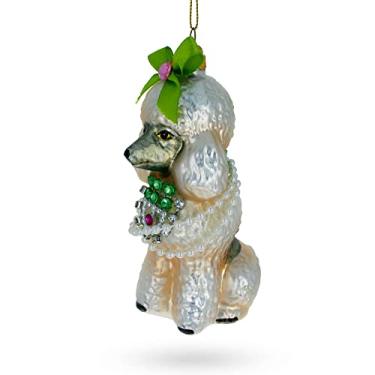 Imagem de Poodle elegante com laço verde - enfeite de Natal de vidro soprado