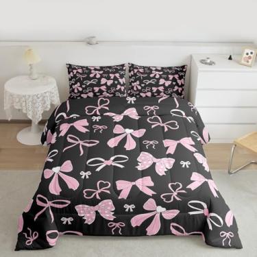 Imagem de Feelyou Jogo de cama solteiro com laço rosa para meninas, adolescentes, estilo princesa sonhadora, edredom para decoração de quarto, 2 peças com 1 fronha