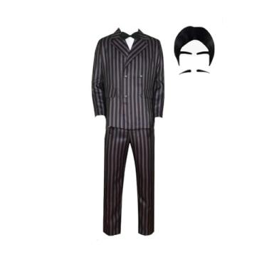 Imagem de Fantasia masculina adulta Gomez Addams Daddy Gomez cosplay uniforme preto listrado blazer calça camisa conjunto gravata com peruca, Preto, roxo, PP