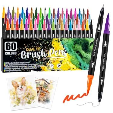 Imagem de Kebuye Canetas marcadoras artísticas, ponta de pincel, 60 cores, caneta dupla e marcador de ponta fina para colorir, desenho, diário, letras, marcadores para adultos, crianças, livros de colorir sem