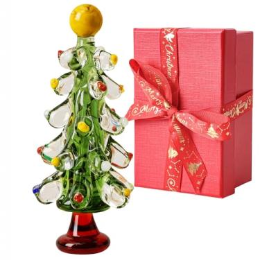 Imagem de Árvore de Natal de vidro feita à mão com caixa de presente, árvore de Natal de cristal soprado de mesa para mulheres, pequena estatueta de Natal verde, decoração de árvore, pedra de cura para