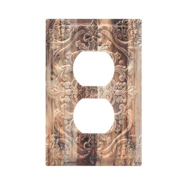 Imagem de Wpshijia Capas de tomada decorativas, padrão de prancha de madeira marrom, estampa floral 3D em relevo, 1 interruptor de luz duplex, placa de parede exclusiva, capas de placa de interruptor elétrico