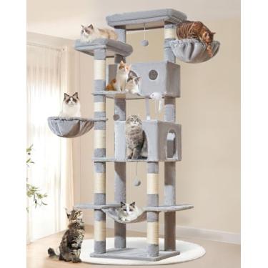 Imagem de Taoqimiao Árvore para gatos, 196 cm para gatos grandes, condomínios de vários níveis para gatos internos com 2 condomínios, plataforma espaçosa, 2 cestos suspensos, rede, 8 postes para arranhar MS046W