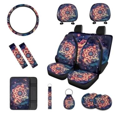 Imagem de Rucaresri 13 peças de capas de assento de carro floral Galaxy Mandala conjunto completo com capa de volante automotivo protetor de almofada de braço capas de cinto de segurança, conjuntos de