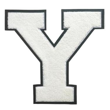 Imagem de 1 Patch de letra de chenille de ferro branco de 16,5 cm com borda preta – Remendos do alfabeto para roupas, jaquetas, mochilas, chapéus para decoração personalizada, nome personalizado e artesanato