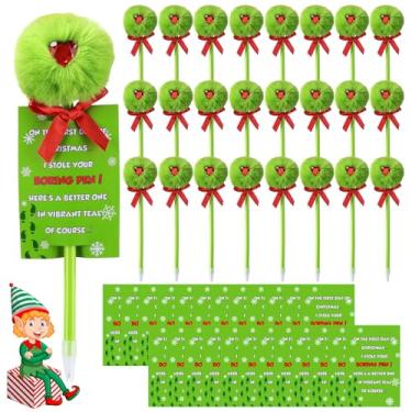 Imagem de Ctosree Canetas esferográficas pompom felpudas de pelúcia verde de Natal com cartões de inserção de caneta de 6 x 9 cm - laço vermelho festivo e design de coração 3D, lembrancinhas de festa de fim de