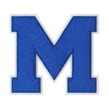 Imagem de 1 peça de patch de letra de chenille azul de 11,4 cm com borda branca – adesivos do alfabeto para roupas, jaquetas, mochilas, chapéus para decoração personalizada, nome personalizado e artesanato. (M)