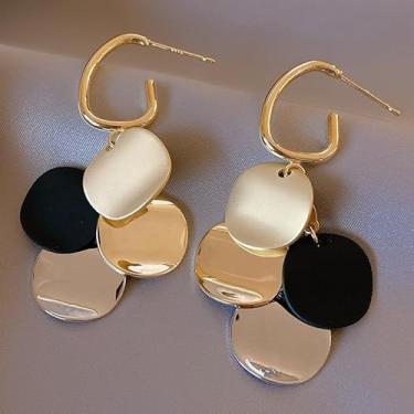 Imagem de Brincos geométricos torcidos com franja de disco colorido, brincos de borla de cores contrastantes modernas para mulheres, joias artísticas minimalistas para o dia a dia, uso em todas as estações para