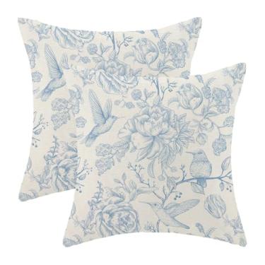 Imagem de Sorktse Capas de almofada azul bebê 45,7 x 45,7 cm, conjunto de 2 almofadas florais de pássaro chinoiserie azul e creme, decoração ao ar livre, vintage, beija-flor, fronhas de linho para cama, sofá