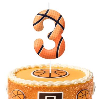 Imagem de Velas de aniversário de basquete número 3, topo de bolo com tema de basquete para meninos e meninas, decorações de bolo para aniversários, suprimentos de festa com tema esportivo, velas para