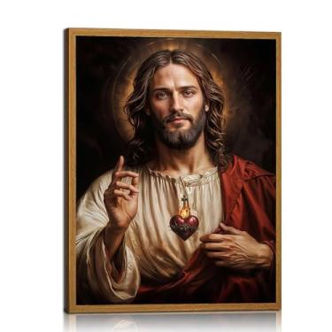 Imagem de Arte de parede de Jesus emoldurada com imagem de coração sagrado tela católica religiosa cristã pintura impressa para casa sala de estar decoração de igreja galeria inspirada na fé arte pronta para