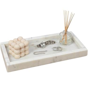 Imagem de happimess TRY4001B Bandeja de bancada retangular de mármore minimalista clássica de 30,5 cm x 15 cm para armazenamento, decoração, exibição, mesa de centro ou servir comida, branca