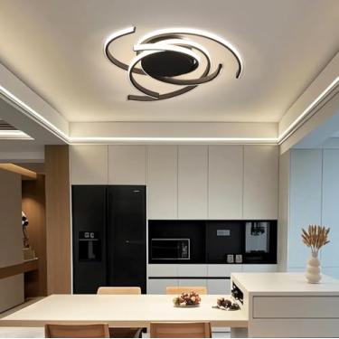 Imagem de Luminária de teto LED moderna e dimerizável, preta, com arco giratório, para sala de estar, com controle remoto. Ideal para sala de jantar, quarto e escritório. Economia de energia. 72W, 56c