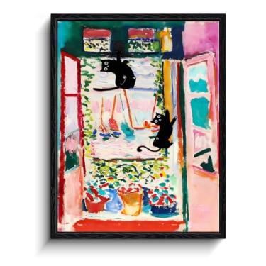 Imagem de Arte de parede emoldurada de gato preto, gatos pretos engraçados brincando em janela aberta colorida estilo Henri Matisse, impressão artística texturizada, pôsteres ecléticos para quarto, sala de