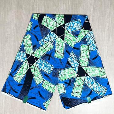 Imagem de Tecido de impressão de cera africana de 6 metros, padrão geométrico azul e verde, material de algodão tradicional para roupas e artesanato, 100% algodão para todas as ocasiões, tecido africano