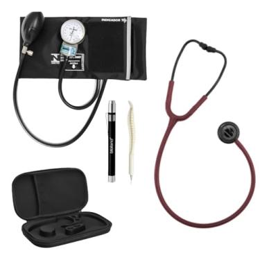 Imagem de Kit Enfermagem Esfigmomanômetro PAMED Preto + Estetoscópio De Inox + Lanterna Clínica Luz em LED Branco + Caneta Osso Com Estojo para Transporte (Vinho)