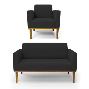 Imagem de Sofá Namoradeira Com Poltrona Base De Madeira Fixa Castanho Marisa Veludo D03 - D?rossi Cor Preto