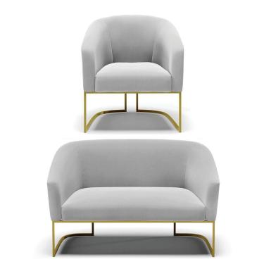 Imagem de Namoradeira E Poltrona Base Industrial Dourado Stella Suede D03 - D'rossi Cor Cinza