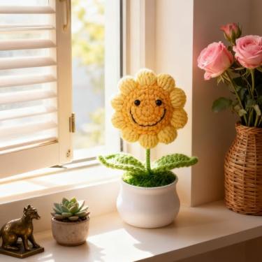 Imagem de Flores de crochê de incentivo com afirmações positivas de madeira, decoração de flores artificiais feitas à mão, ideal para aniversário/Natal/presente de agradecimento (girassol dourado)