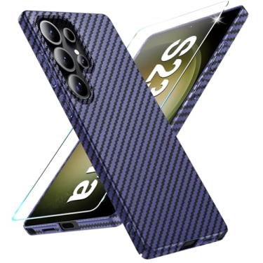 Imagem de Capa de fibra de carbono para Samsung Galaxy S23 Ultra com protetor de tela Slim Fit para Samsung S23 Ultra, capa de telefone resistente, durável, fina, híbrida, PC, capa de proteção rígida 5G (azul)