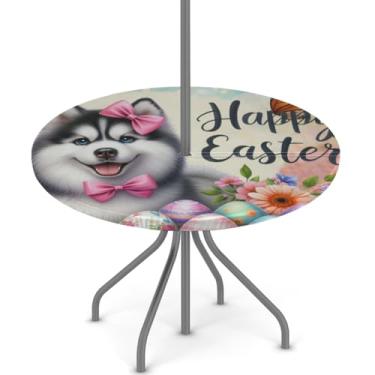Imagem de hongjinglin Toalha de mesa de Páscoa para uso ao ar livre com orifício para guarda-chuva, toalha de mesa redonda elástica com zíper, impermeável, limpável, para piquenique, festa, pátio, serve para