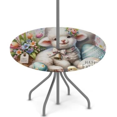 Imagem de hongjinglin Toalha de mesa de Páscoa para uso ao ar livre com orifício para guarda-chuva, toalha de mesa redonda elástica com zíper, impermeável, limpável, para piquenique, festa, pátio, serve para