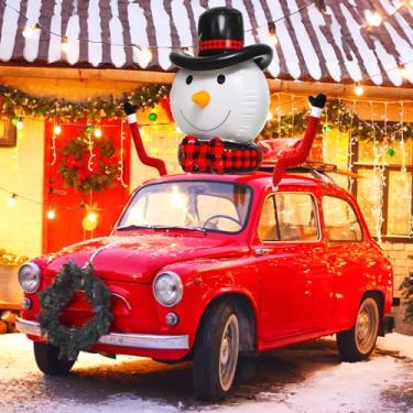 Imagem de Hollowfly Decorações de carro de Natal 90 cm grande inflável boneco de neve chapéu de Papai Noel com braço decoração exterior de carro para automóveis, decoração de Natal engraçada fofa adequada para