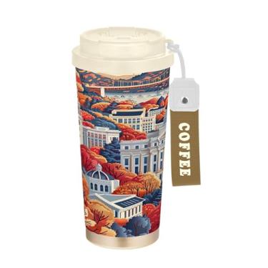Imagem de SEHANY American Famous Landmarks Caneca de viagem de 482 g Copos de café reutilizáveis revestidos de cerâmica com tampa à prova de vazamento, parede dupla, isolamento a vácuo, copo de café de aço